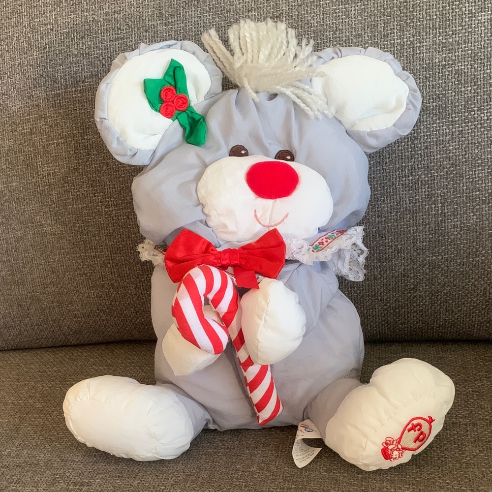 Vintage Fisher-Price 12” Puffalump Mouse Holding Candy Cane Christmas Plush 1987